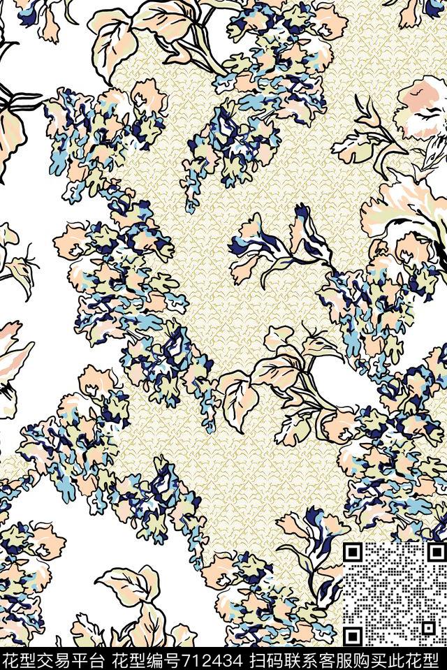 花卉花朵抽象花传统印花华亿平台下载（图片编号: 712434） - 瓦栏（Walan）