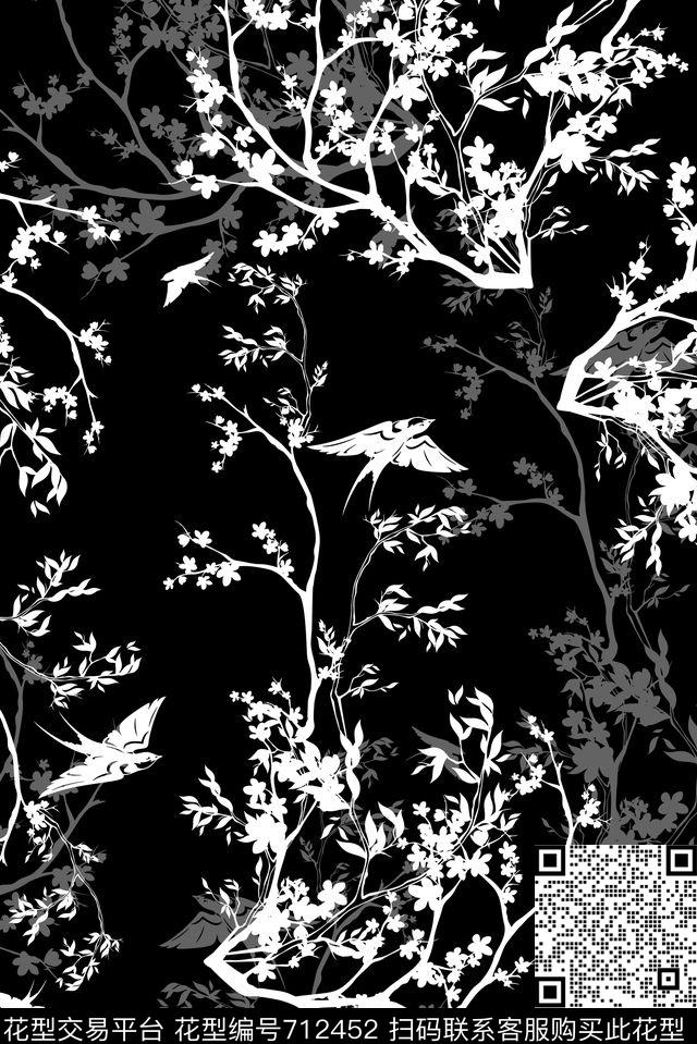 黑白剪影瘦长数码印花华亿平台下载（图片编号: 712452） - 瓦栏（Walan）