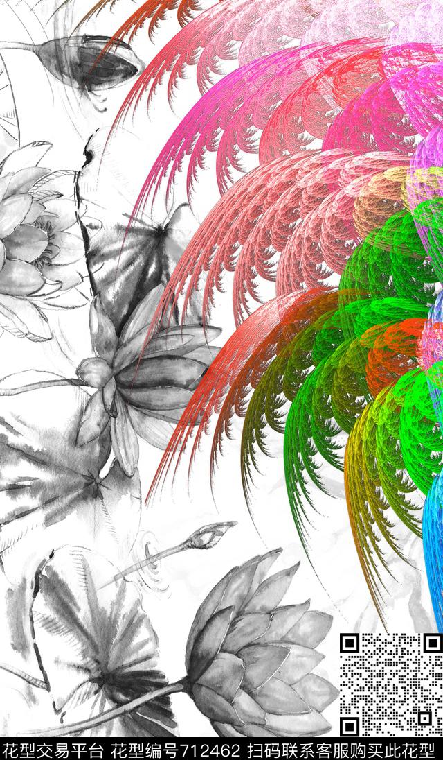 黑白彩色荷花数码印花华亿平台下载（图片编号: 712462） - 瓦栏（Walan）