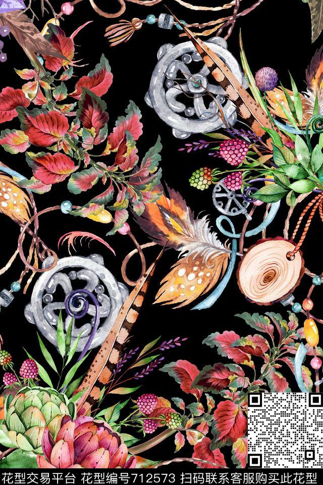 花卉羽毛水彩数码印花华亿平台下载（图片编号: 712573） - 瓦栏（Walan）