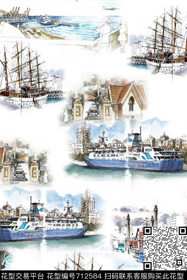 水彩花卉风景建筑数码印花华亿平台下载（图片编号: 712584） - 瓦栏（Walan）