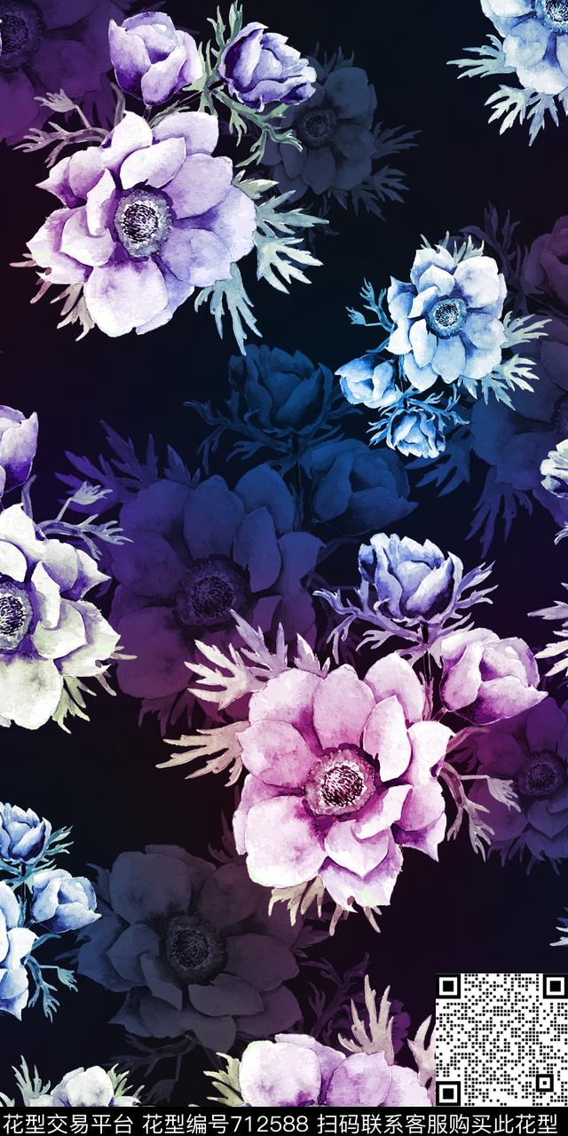黑底大花花朵数码印花华亿平台下载（图片编号: 712588） - 瓦栏（Walan）