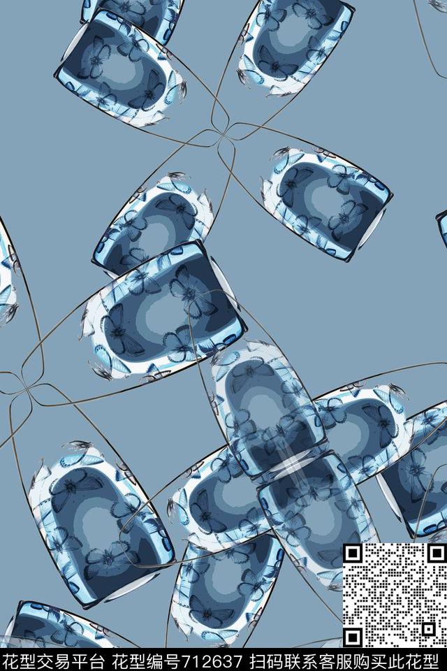 蝴蝶翩迁鸟昆虫图案青蓝雅韵系列数码印花华亿平台下载（图片编号: 712637） - 瓦栏（Walan）