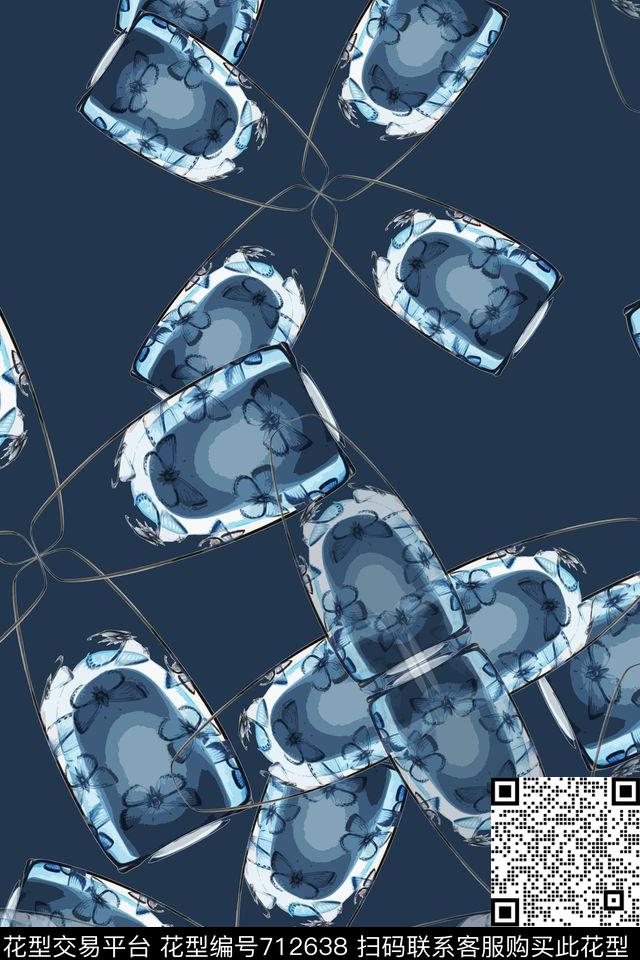 蝴蝶翩迁鸟昆虫图案青蓝雅韵系列数码印花华亿平台下载（图片编号: 712638） - 瓦栏（Walan）