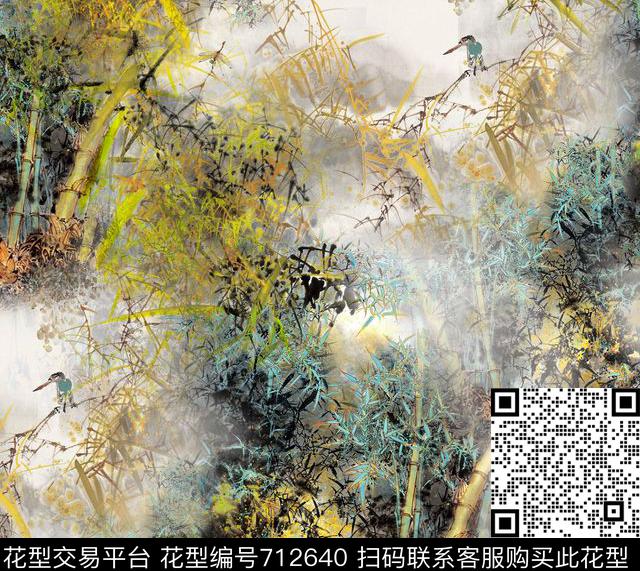 花朵水墨花卉竹子数码印花华亿平台下载（图片编号: 712640） - 瓦栏（Walan）