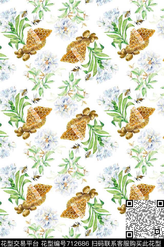 蜜蜂花卉蜂蜜数码印花华亿平台下载（图片编号: 712686） - 瓦栏（Walan）