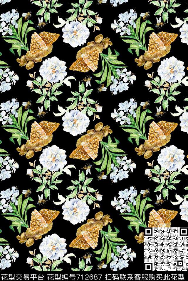 蜜蜂花卉蜂蜜数码印花华亿平台下载（图片编号: 712687） - 瓦栏（Walan）