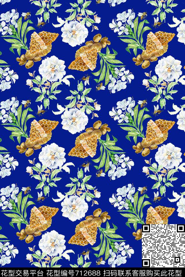 蜜蜂花卉蜂蜜数码印花华亿平台下载（图片编号: 712688） - 瓦栏（Walan）