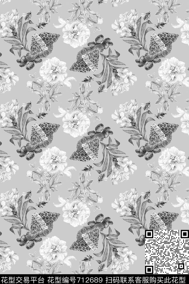 蜜蜂花卉蜂蜜数码印花华亿平台下载（图片编号: 712689） - 瓦栏（Walan）