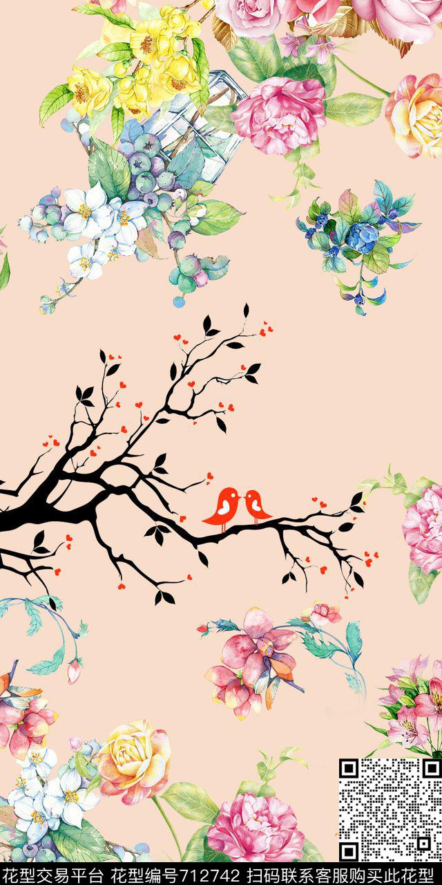 树枝水彩花卉清爽数码印花华亿平台下载（图片编号: 712742） - 瓦栏（Walan）