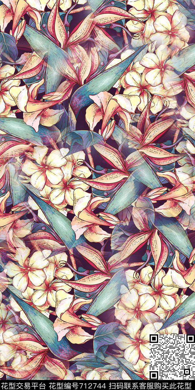 树叶手绘花卉云纹底数码印花华亿平台下载（图片编号: 712744） - 瓦栏（Walan）