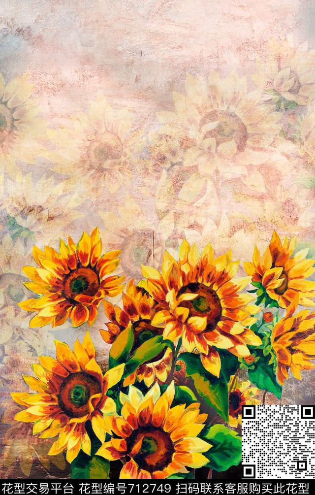 花朵花卉向日葵数码印花华亿平台下载（图片编号: 712749） - 瓦栏（Walan）