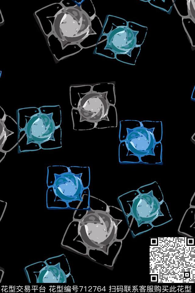 青蓝雅韵系列抽象花卉玫瑰花意向传统印花华亿平台下载（图片编号: 712764） - 瓦栏（Walan）