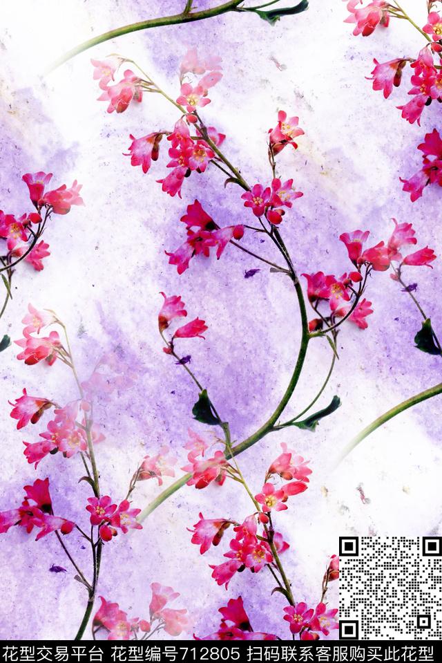 桃花枝条花卉数码印花华亿平台下载（图片编号: 712805） - 瓦栏（Walan）