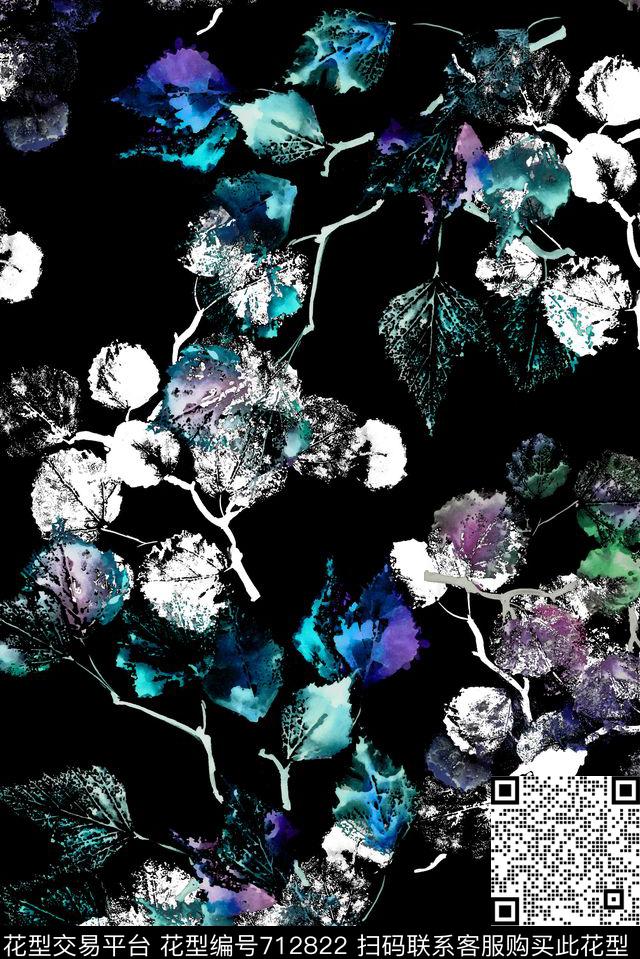黑白水彩树叶数码印花华亿平台下载（图片编号: 712822） - 瓦栏（Walan）