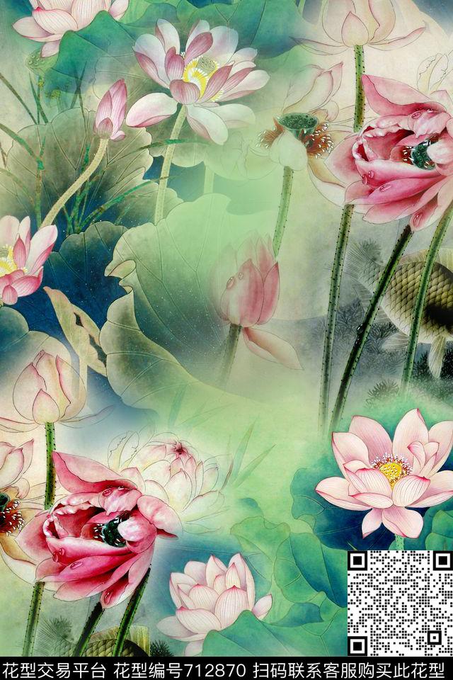 中国风手绘荷花数码印花华亿平台下载（图片编号: 712870） - 瓦栏（Walan）