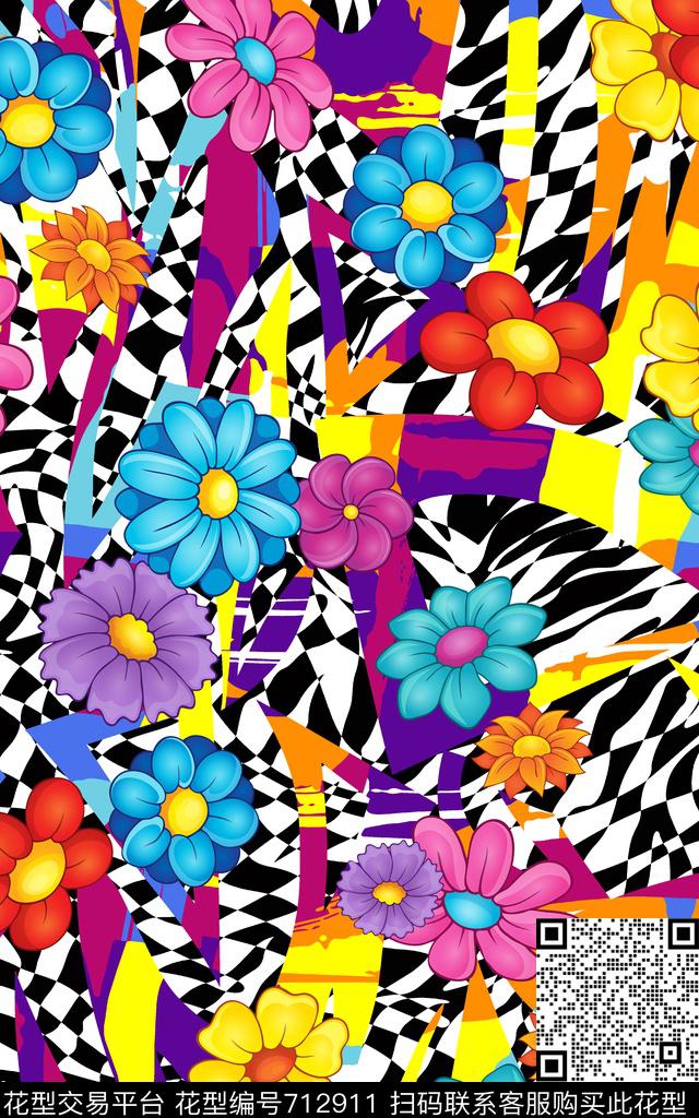 花朵抽象花卉格子底板数码印花华亿平台下载（图片编号: 712911） - 瓦栏（Walan）