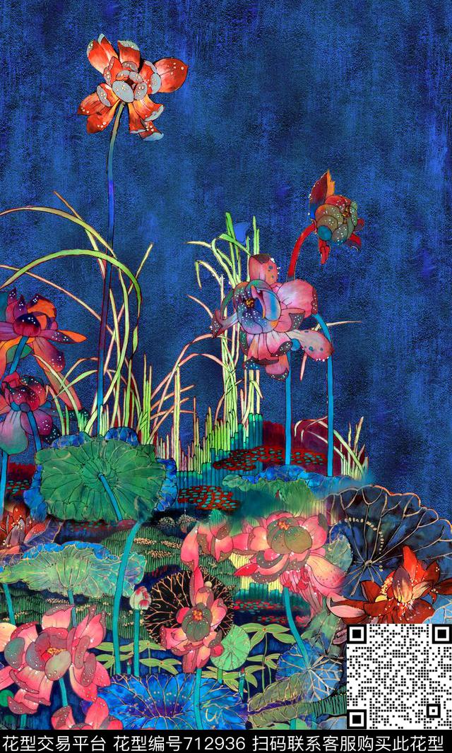 花卉国画荷花数码印花华亿平台下载（图片编号: 712936） - 瓦栏（Walan）