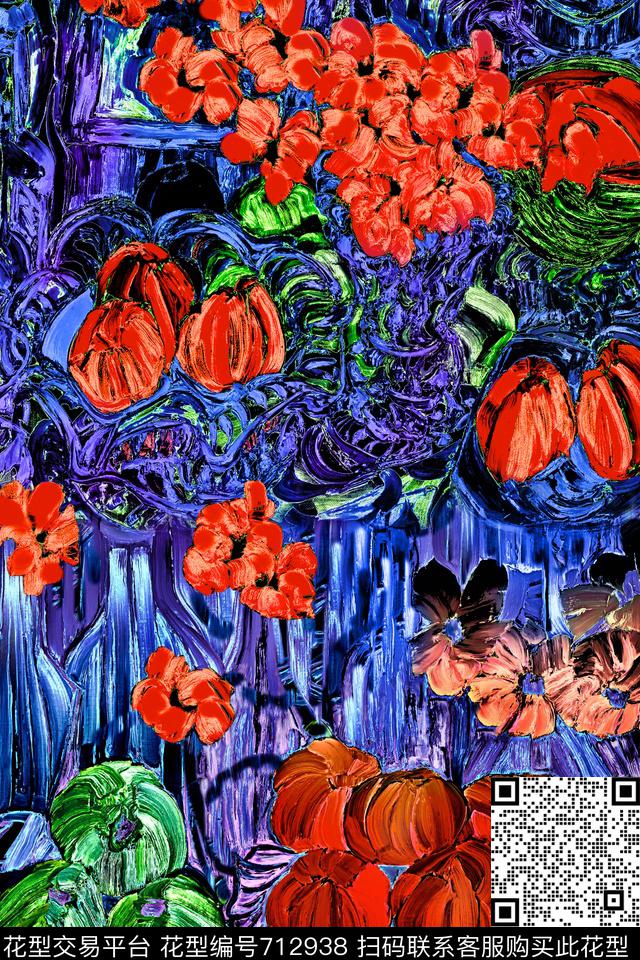 抽象油画花卉数码印花华亿平台下载（图片编号: 712938） - 瓦栏（Walan）