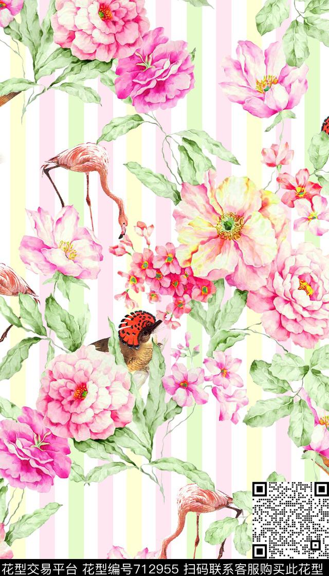 水彩动物鸟类花卉组合条纹底纹数码印花华亿平台下载（图片编号: 712955） - 瓦栏（Walan）