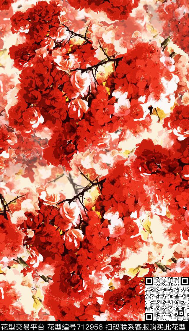 时尚花卉组合红色大气简约数码印花华亿平台下载（图片编号: 712956） - 瓦栏（Walan）