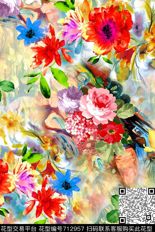 水彩风格花卉油画华亿平台数码印花华亿平台下载（图片编号: 712957） - 瓦栏（Walan）