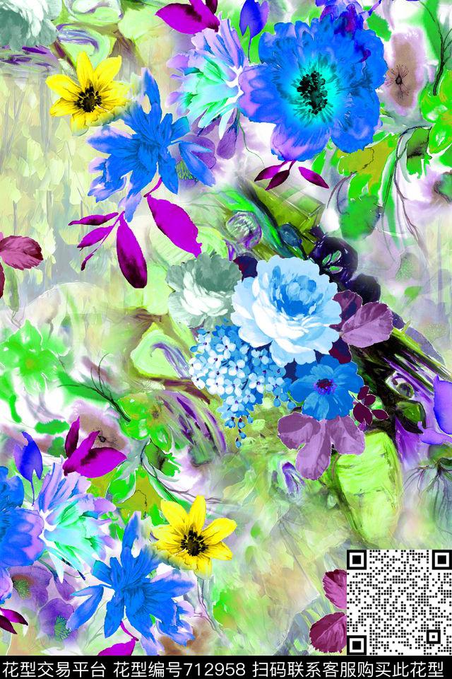 水彩风格花卉油画华亿平台数码印花华亿平台下载（图片编号: 712958） - 瓦栏（Walan）