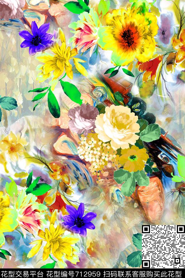 水彩风格花卉油画华亿平台数码印花华亿平台下载（图片编号: 712959） - 瓦栏（Walan）