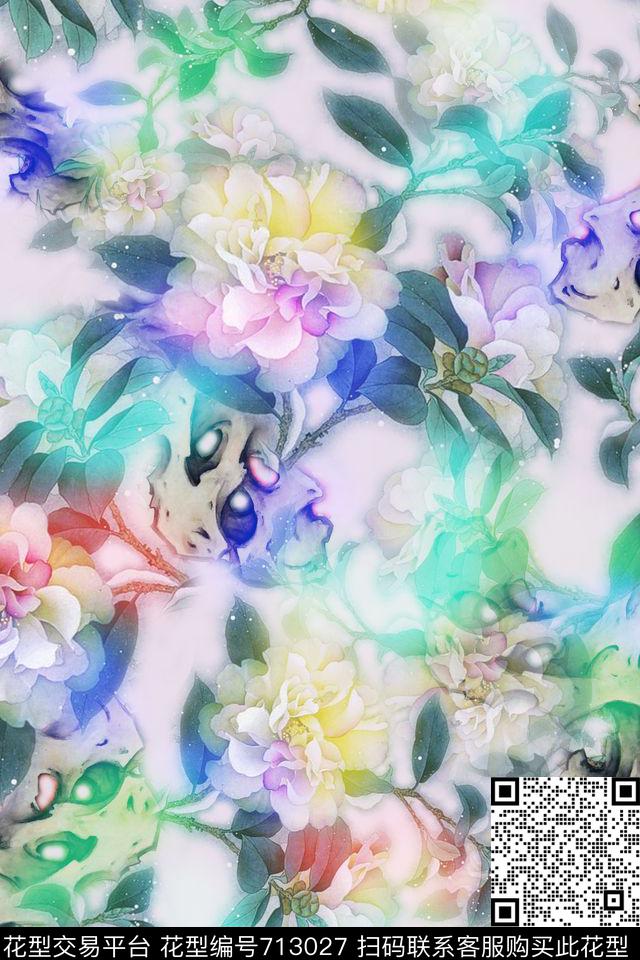 花朵手绘假山数码印花华亿平台下载（图片编号: 713027） - 瓦栏（Walan）