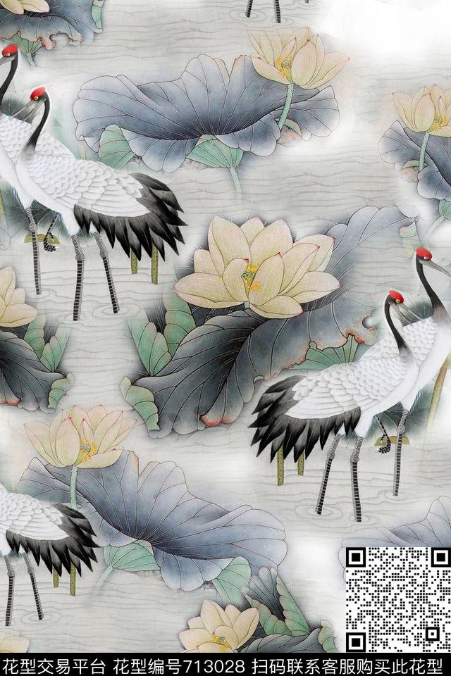 丹顶鹤荷花清新女装数码印花华亿平台下载（图片编号: 713028） - 瓦栏（Walan）
