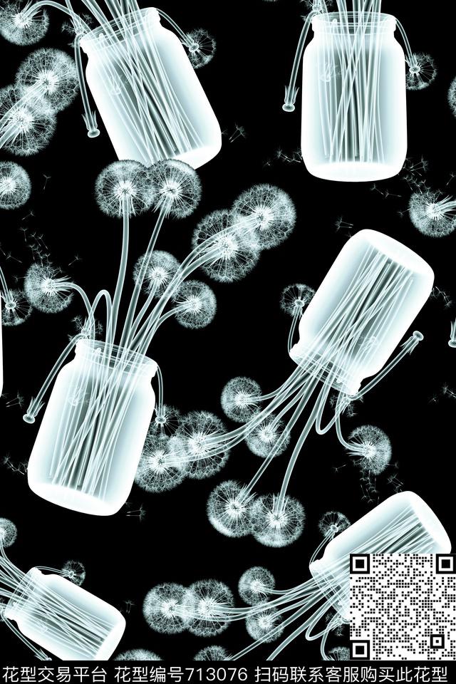 趣味蒲公英瓶子数码印花华亿平台下载（图片编号: 713076） - 瓦栏（Walan）