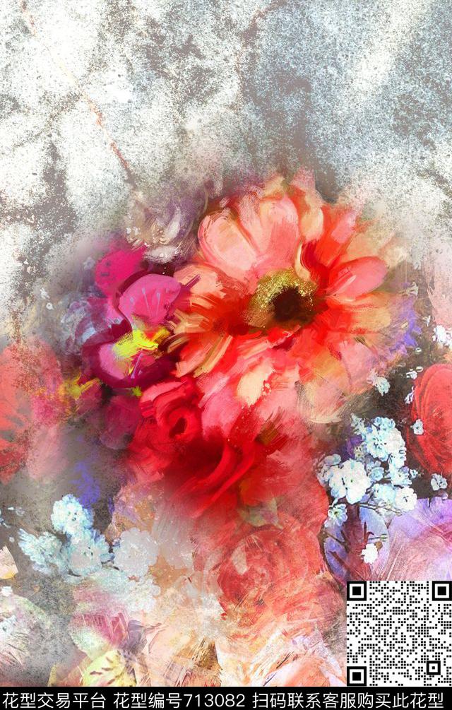 定位手绘花卉数码印花华亿平台下载（图片编号: 713082） - 瓦栏（Walan）
