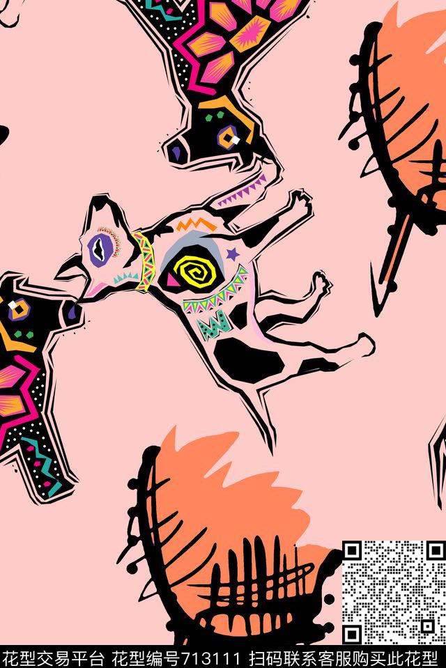 抽象手绘动物狗狗印花时尚潮流大牌女装裙子几何印花时尚大牌欧美复古风格印花数码印花华亿平台下载（图片编号: 713111） - 瓦栏（Walan）