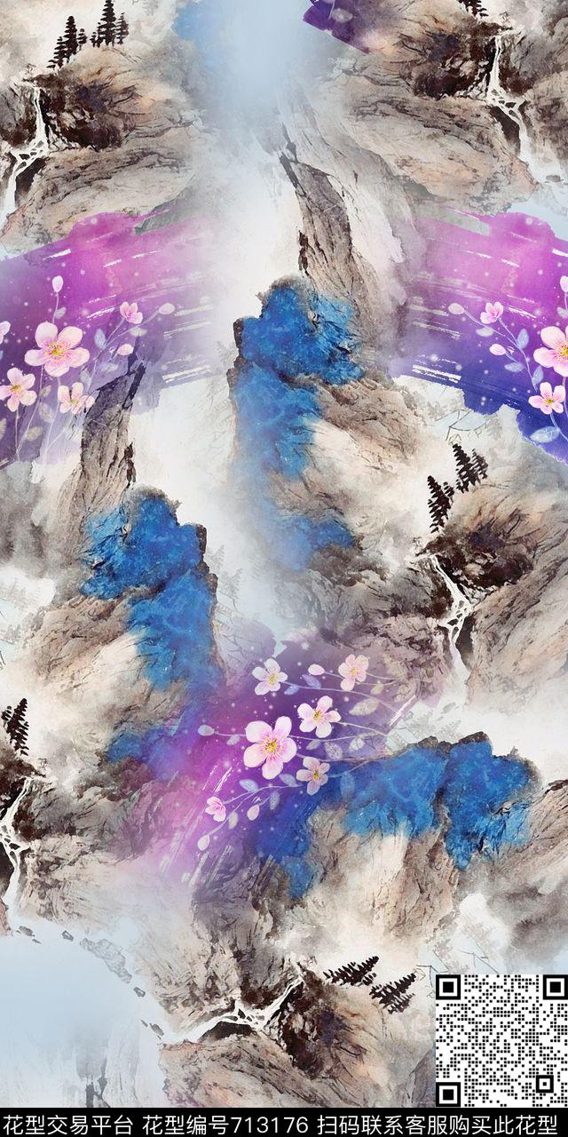 山水清爽大气连衣裙数码印花华亿平台下载（图片编号: 713176） - 瓦栏（Walan）