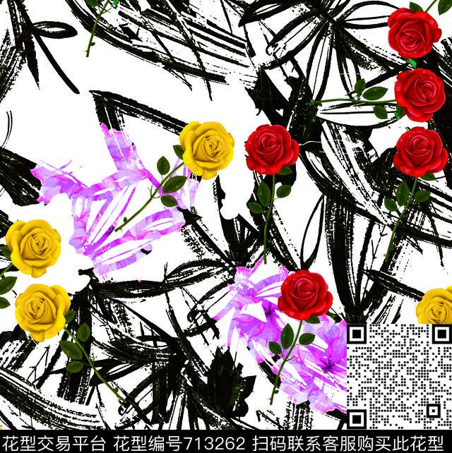 玫瑰花黑色春夏数码印花华亿平台下载（图片编号: 713262） - 瓦栏（Walan）
