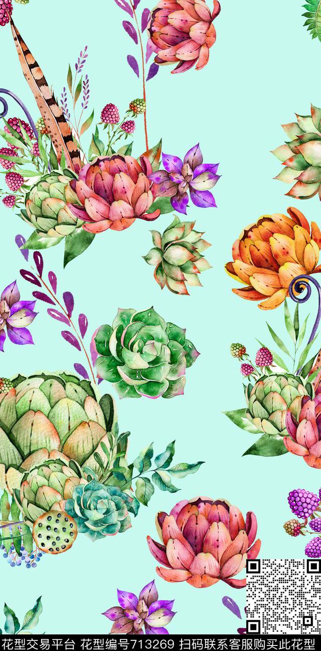 水彩多肉手绘数码印花华亿平台下载（图片编号: 713269） - 瓦栏（Walan）