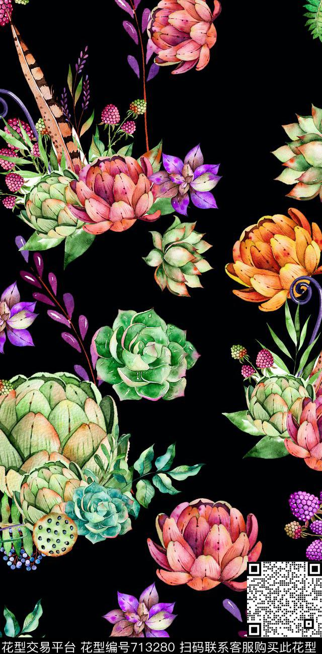 水彩多肉手绘数码印花华亿平台下载（图片编号: 713280） - 瓦栏（Walan）
