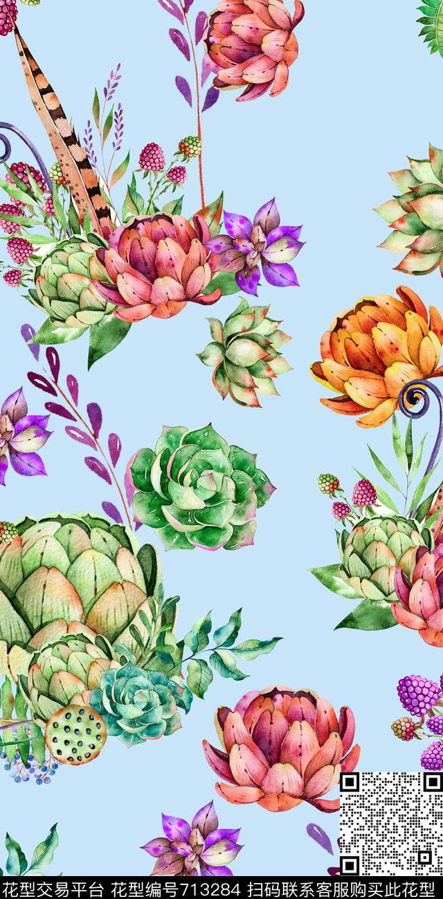 水彩多肉手绘数码印花华亿平台下载（图片编号: 713284） - 瓦栏（Walan）