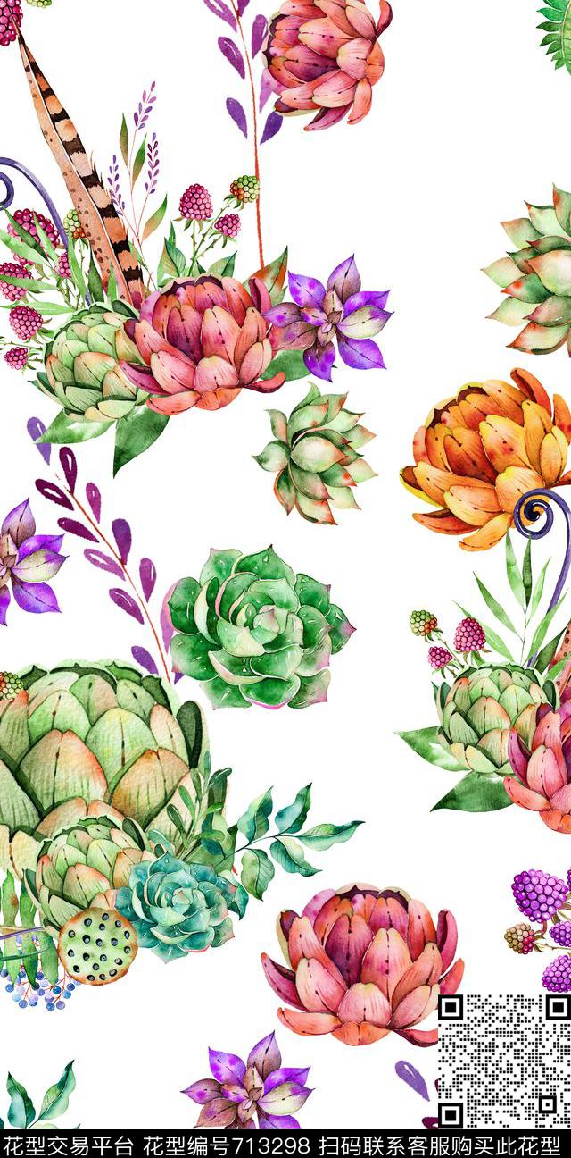 水彩多肉手绘数码印花华亿平台下载（图片编号: 713298） - 瓦栏（Walan）