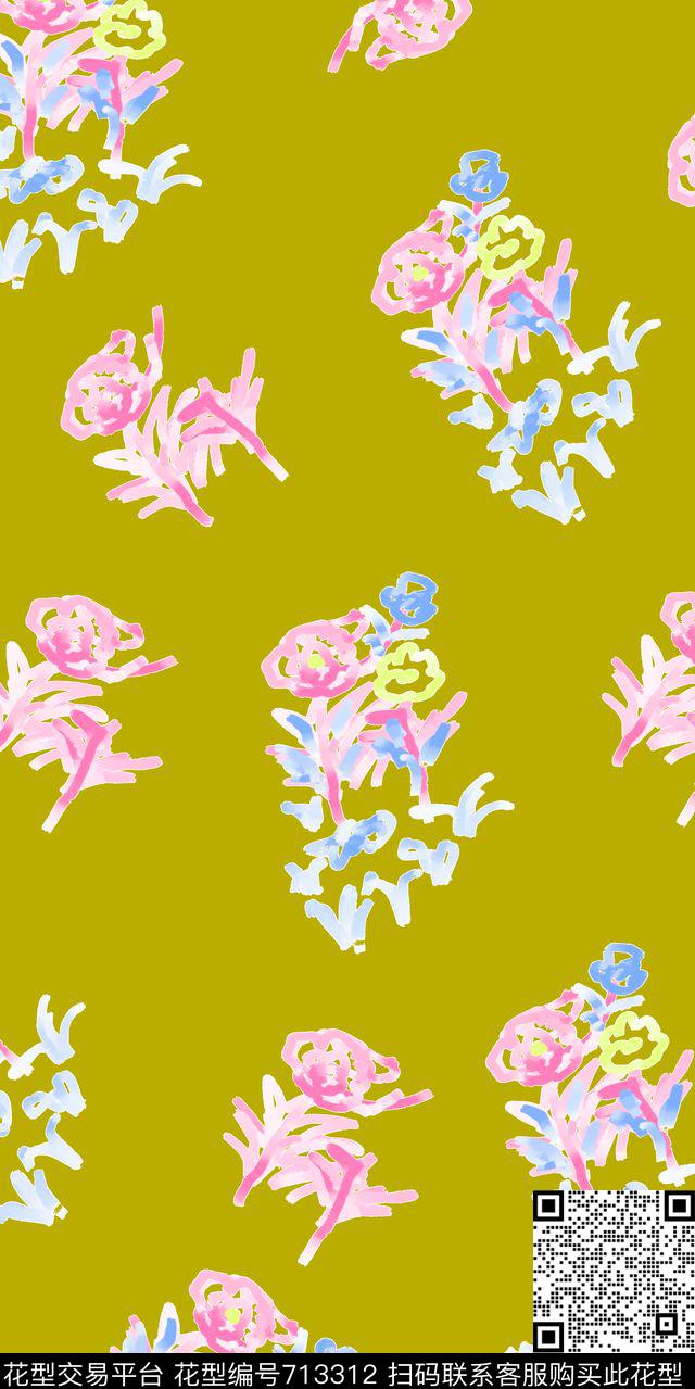 手绘水彩花卉数码印花华亿平台下载（图片编号: 713312） - 瓦栏（Walan）