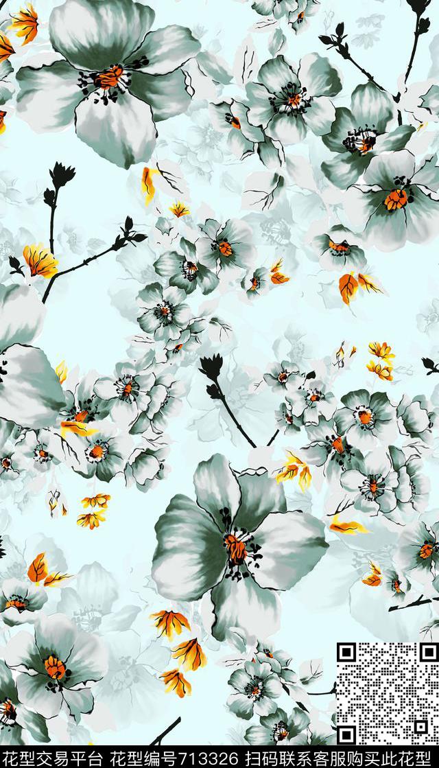 小清新翠绿花卉是指女装数码印花华亿平台下载（图片编号: 713326） - 瓦栏（Walan）