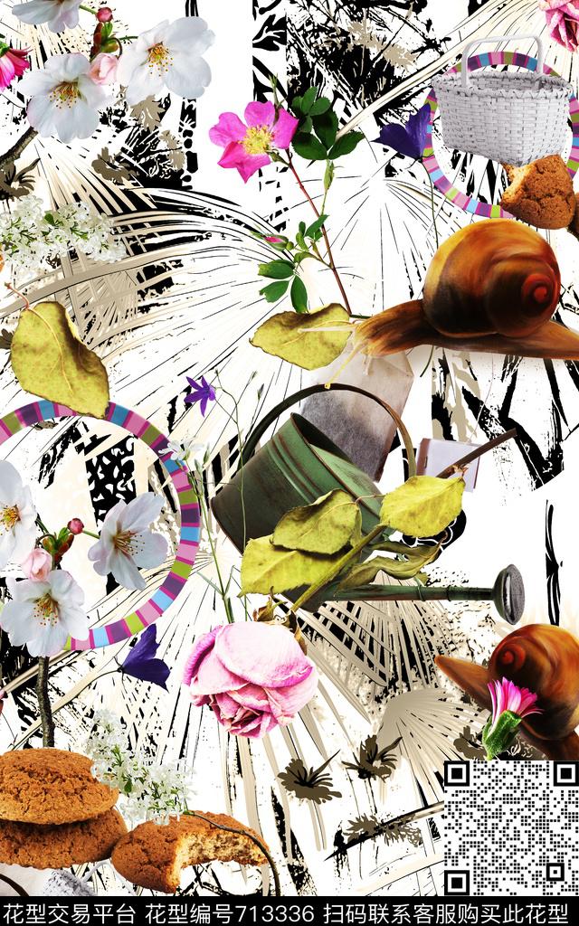 花朵玫瑰蜗牛数码印花华亿平台下载（图片编号: 713336） - 瓦栏（Walan）
