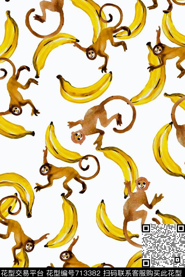 手绘香蕉猴子数码印花华亿平台下载（图片编号: 713382） - 瓦栏（Walan）
