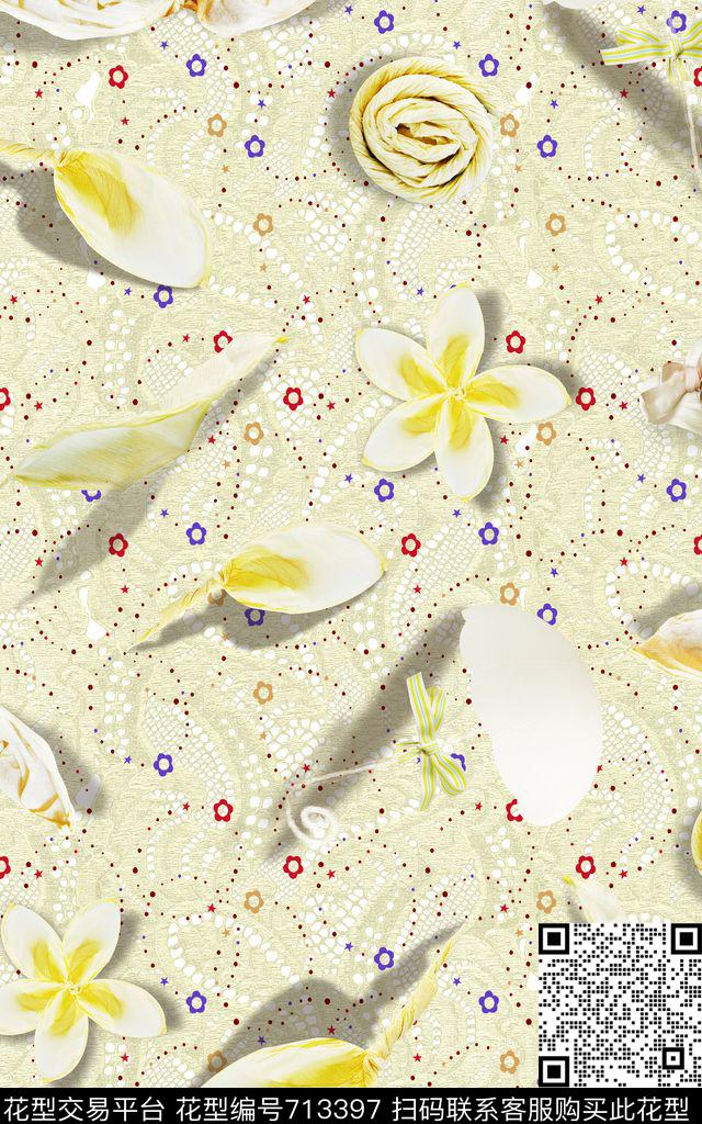 蕾丝底花朵可爱数码印花华亿平台下载（图片编号: 713397） - 瓦栏（Walan）