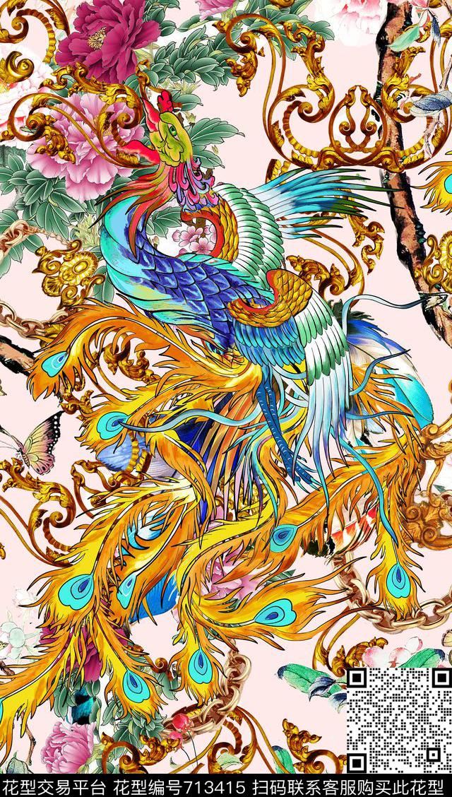 中国风古典文案凤凰花卉数码印花华亿平台下载（图片编号: 713415） - 瓦栏（Walan）