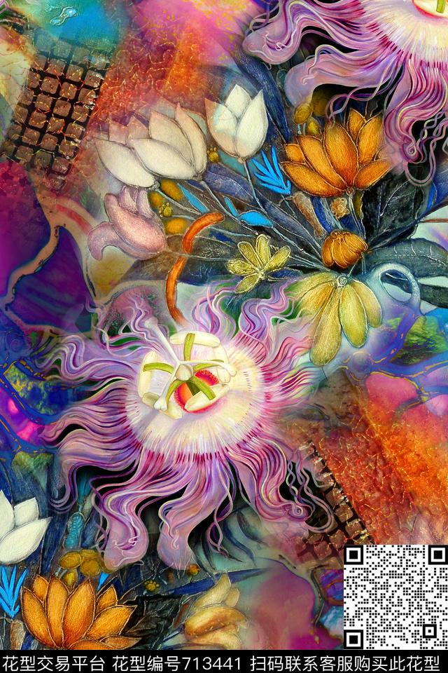 时尚手绘拼接数码印花华亿平台下载（图片编号: 713441） - 瓦栏（Walan）