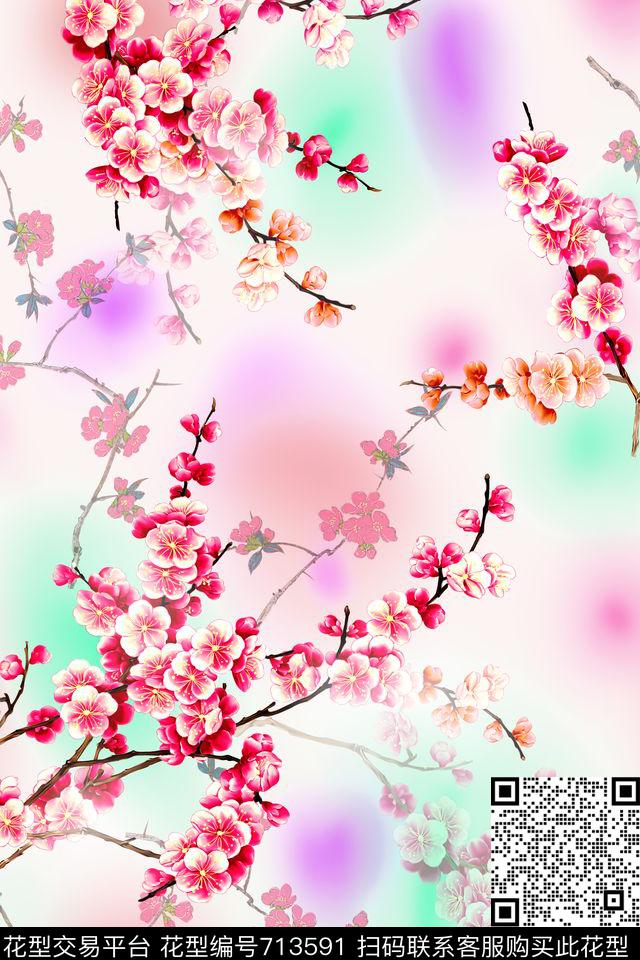 花卉梅花手绘数码印花华亿平台下载（图片编号: 713591） - 瓦栏（Walan）