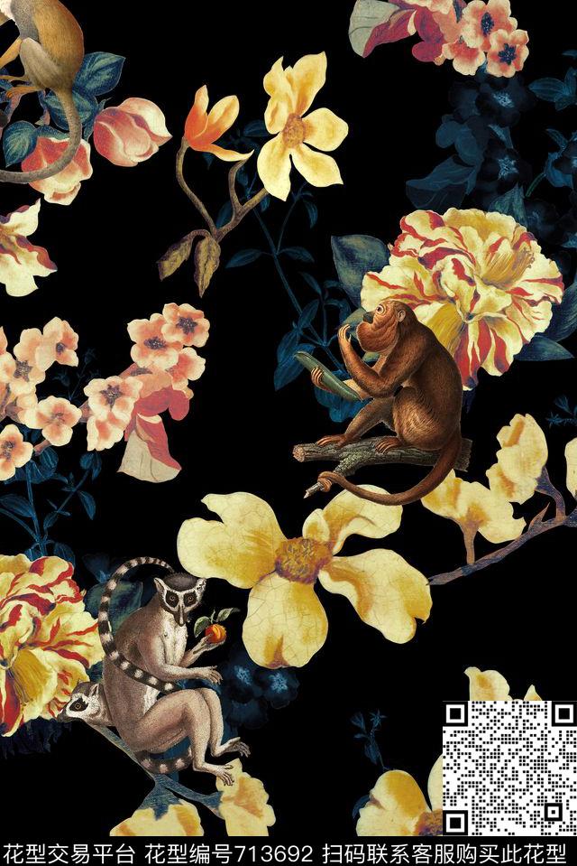 手绘花卉猴子数码印花华亿平台下载（图片编号: 713692） - 瓦栏（Walan）
