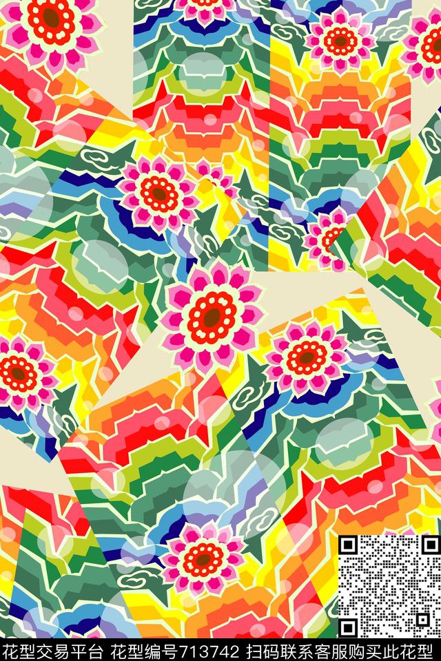 花朵几何抽象数码印花华亿平台下载（图片编号: 713742） - 瓦栏（Walan）