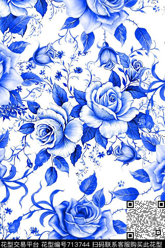 抽象手绘中国风青花瓷花卉数码印花时尚潮流女装裙子旗袍民族风印花时尚大牌欧美复古女装夹克外套印花数码印花华亿平台下载（图片编号: 713744） - 瓦栏（Walan）